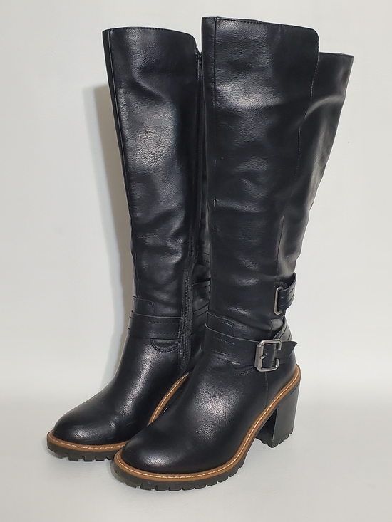 Sun + Stone Shoes - Sun + Stone Black Knee-High Block Heel Boots with Buckle Detail Size 5